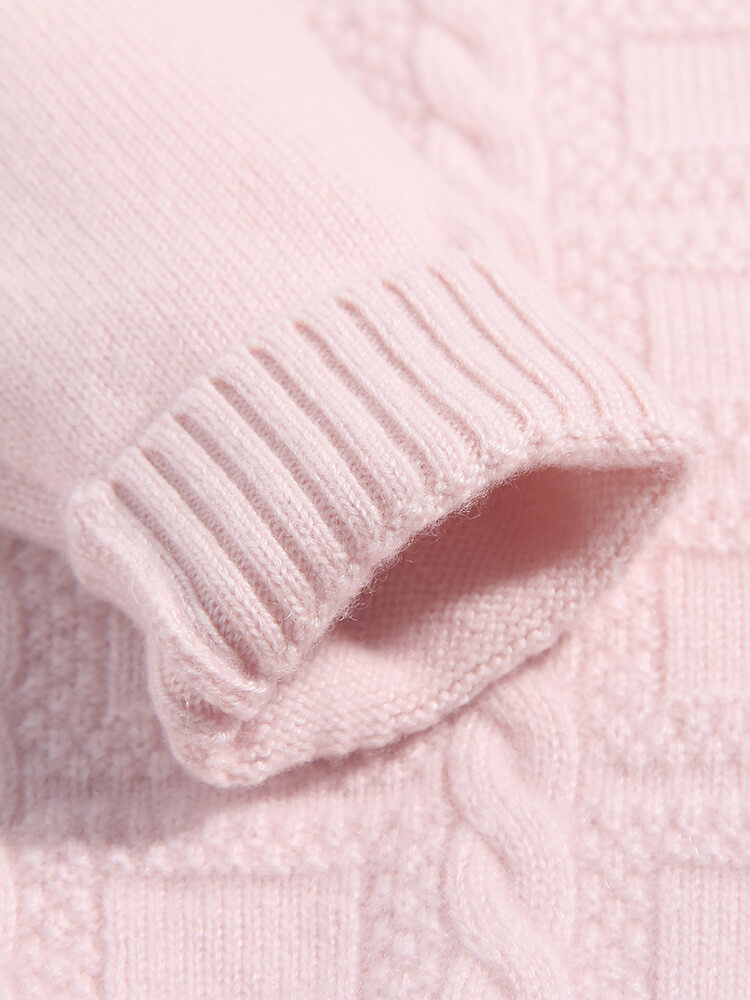 Pink Rose Embroidered Girls Cozy Cable Knit Cashmere Sweater